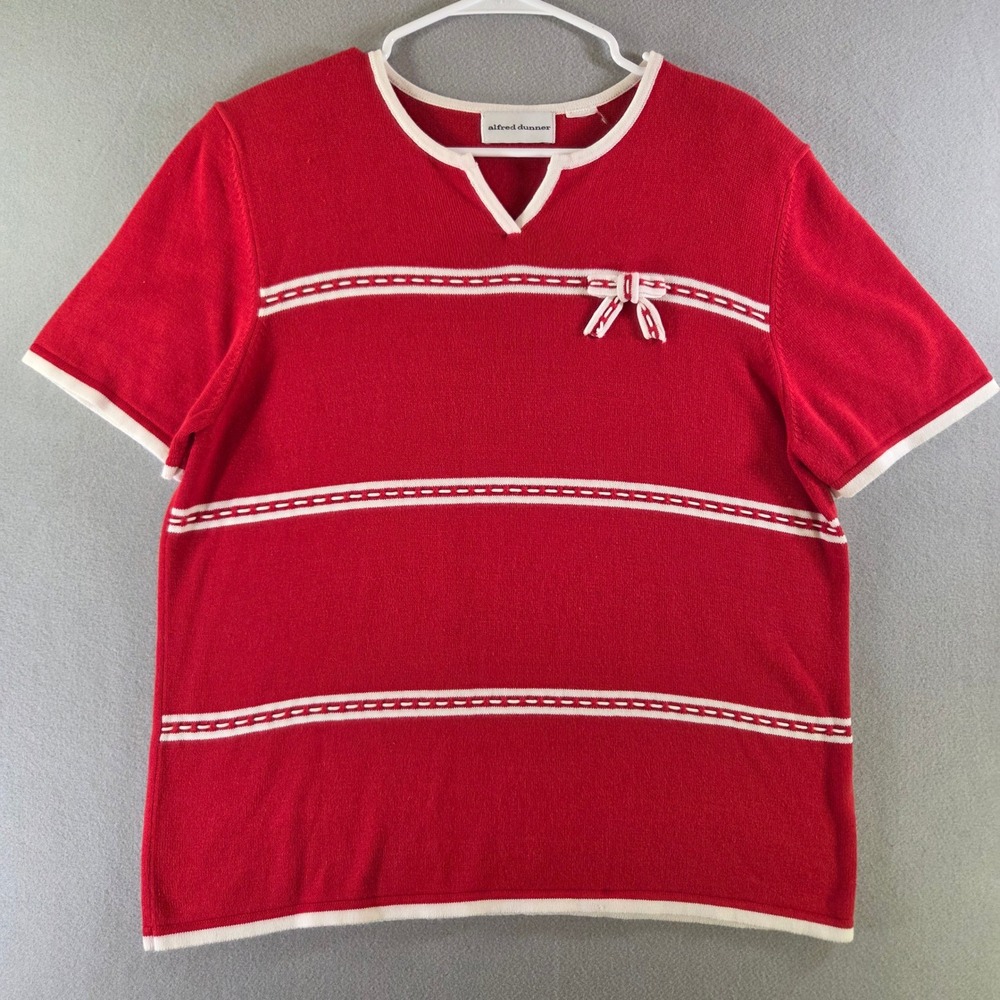 Alfred Dunner Red White Striped Short Sleeve Knit Sweater Top Bow Holiday Large